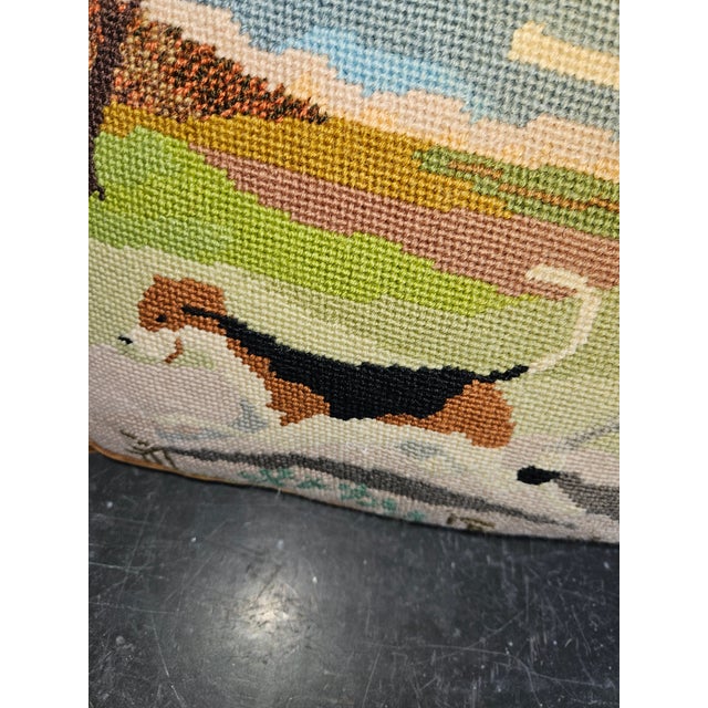 1960s Vintage Needlepoint Pillow with Equestrian theme. Backed with tobacco brown velvet, zipper on the side.