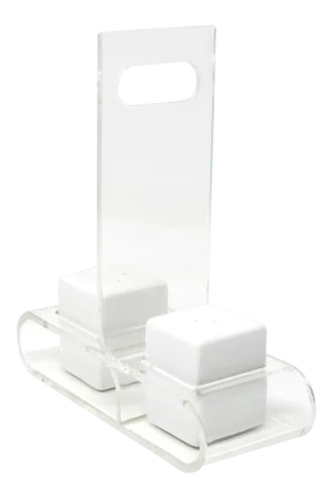 Ceramic Salt and Pepper Shakers With Lucite Holder - Set of 3
