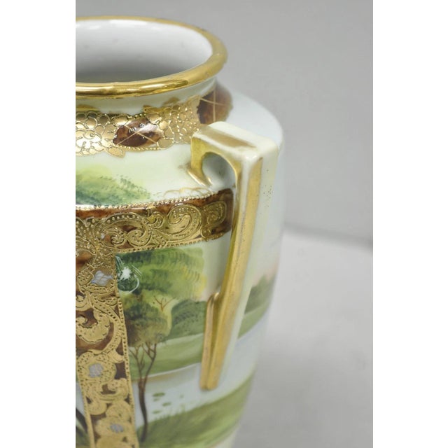 Ceramic Antique Nippon Hand Painted Porcelain Twin Handled Vase W/ Swan & Lake Scene For Sale - Image 7 of 16
