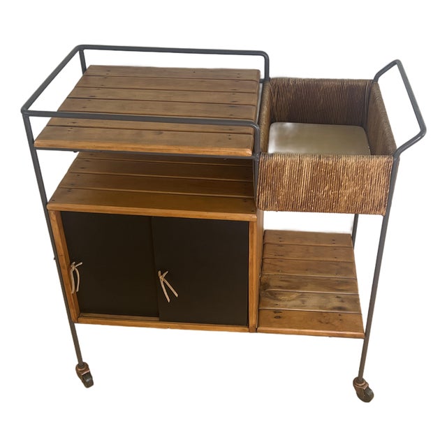 1950s Arthur Umanoff Bar Cart (Black / Teal Doors), Attributed For Sale