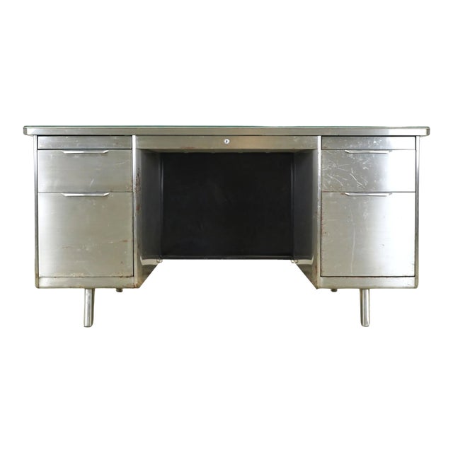 Vintage Industrial Steel Office Desk With Glass Top For Sale