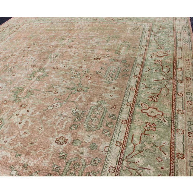 Textile Classic All Over Design Antique Oushak Rug in Light Coral and Light Green For Sale - Image 7 of 12