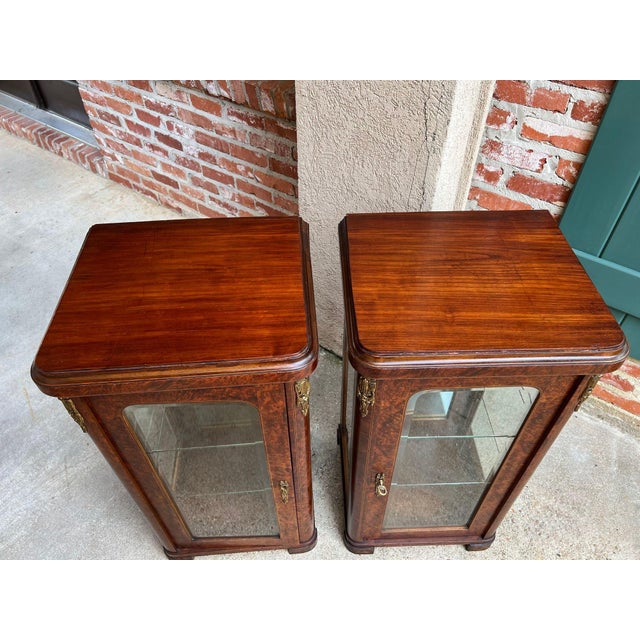 Pair Antique French Glass Vitrine Display Cabinets Burl Mahogany Mirror C1900 For Sale - Image 9 of 18