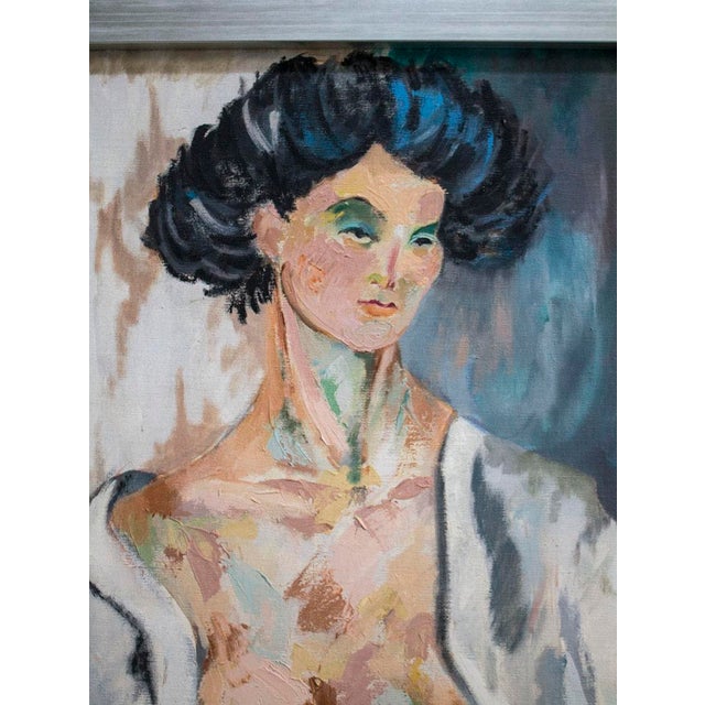 Mid-century partial nude oil on board painting, new frame, ready to hang.