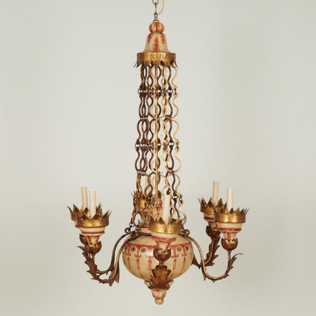 Italian Antique Italian Gilt Metal and Painted Wood Chandelier For Sale - Image 3 of 11