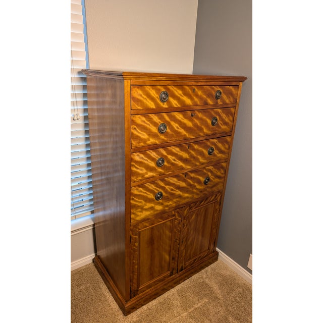 Antique Tiger Maple Gentleman’s Chest of Drawers Late Victorian Curly Maple Chiffonier Refinished Fiddleback Wood Tallboy Cabinet 53" For Sale - Image 16 of 16