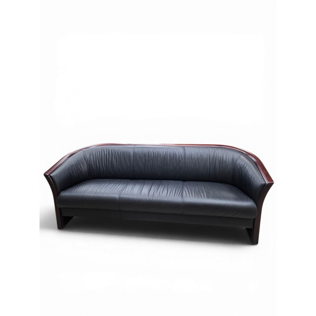 Wood Vintage Ekornes Scandinavian Modern Black Leather Sofa With Rosewood Accents For Sale - Image 7 of 9