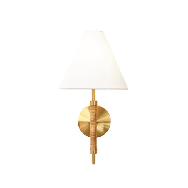 Worlds Away Matthew Izzo Home Sylvia Rechargeable Brass and Rattan Wall Sconce With White Linen Shade For Sale - Image 4 of 4