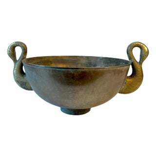 French Art Deo Patinated Bronze Bowl with Swan Handles Flanking Sides For Sale
