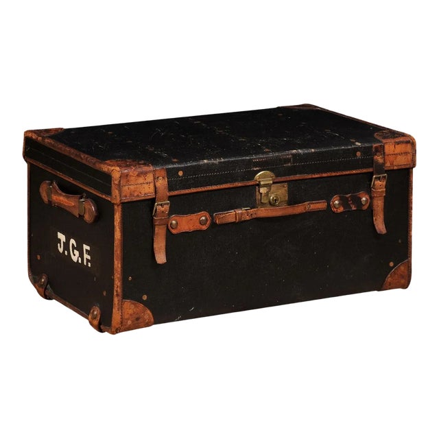 English Victorian Period 19th Century Black Traveling Trunk With Initials J.G.F. For Sale