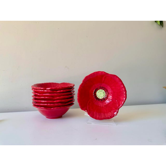 Vintage set of 8 red poppy flower, Fleur Rouge hand painted salad bowls. Figural bowls from NV Ambiance Collections.