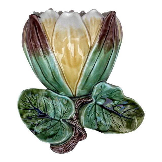 19th Century French Majolica Water Lily Wall Pocket For Sale