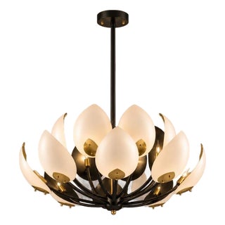 Luxury Lotus Petal Brass Chandelier | Modern White Floral Ceiling Light | Mid Century Statement Pendant | Elegant Dining Room Fixture For Sale