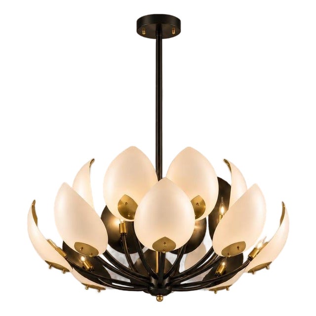 Luxury Lotus Petal Brass Chandelier | Modern White Floral Ceiling Light | Mid Century Statement Pendant | Elegant Dining Room Fixture For Sale