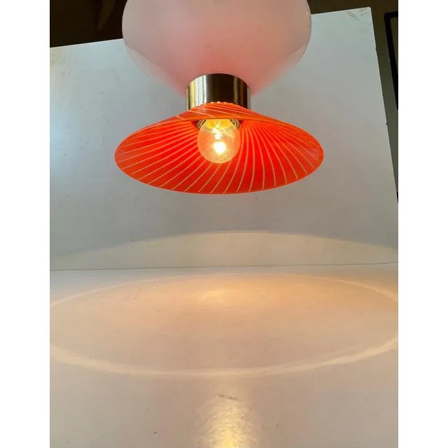 Danish Modernist Diablo Red and White Glass Pendant Light with Brass Disc, 1970s For Sale - Image 6 of 7