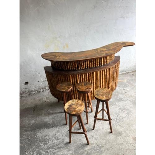 Mid-Century Handcrafted Bamboo Tiki Bar and Stools, Set of 5 For Sale - Image 3 of 14