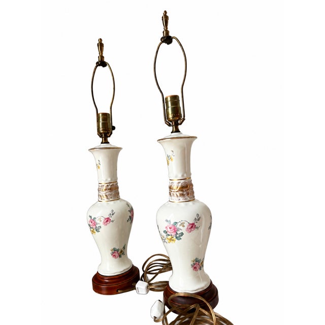 1970s Vintage Ivory Floral Ceramic Table Lamps With Gold Accents — A Pair For Sale - Image 5 of 8