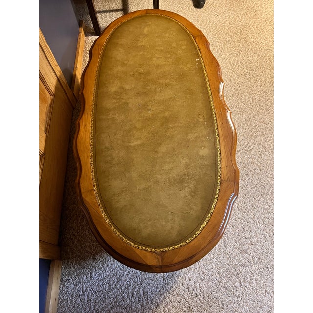 French Provincial Vintage Mid-Century French Provincial Oval Coffee Table With Tooled Leather Top For Sale - Image 3 of 7