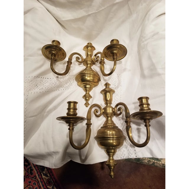 Vintage Heavy Brass Colonial Style Candle Sconces For Sale - Image 4 of 6