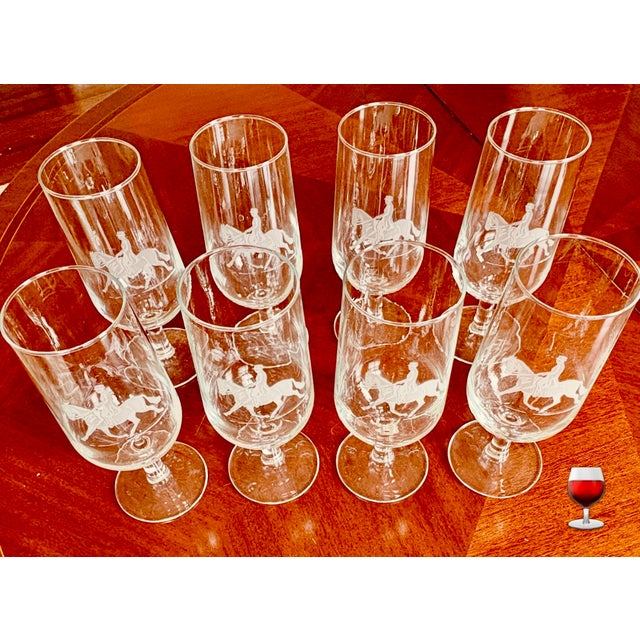 Transparent Vintage French Equestrian Horse & Rider Stemmed Glasses, Set of 8 For Sale - Image 8 of 8