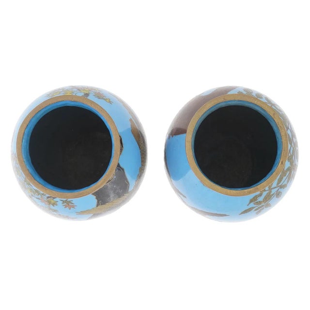 Pair Japanese Cloisonne Owls Hawks Maple on Turquoise Blue Enamel Vases Goto For Sale - Image 4 of 9