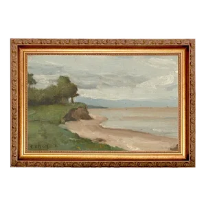 "Beachside" French Landscape Canvas Print in Thin Gold Wood Frame 13x9