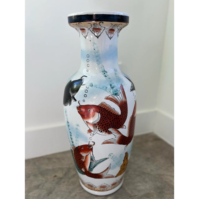 Late 20th Century Vintage Chinese Export Porcelain Koi Floor Vase/Umbrella Stand For Sale - Image 5 of 7