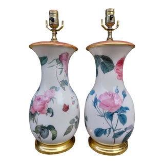 Late 20th Century Floral Ceramic Table Lamps Attributed to Vaughan Designs - a Pair For Sale