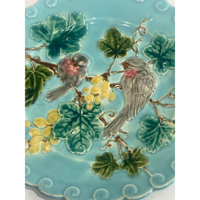 Pair French Antique Majolica Bird & Grape Pates by Sarreguemines, C1880 For Sale - Image 10 of 15