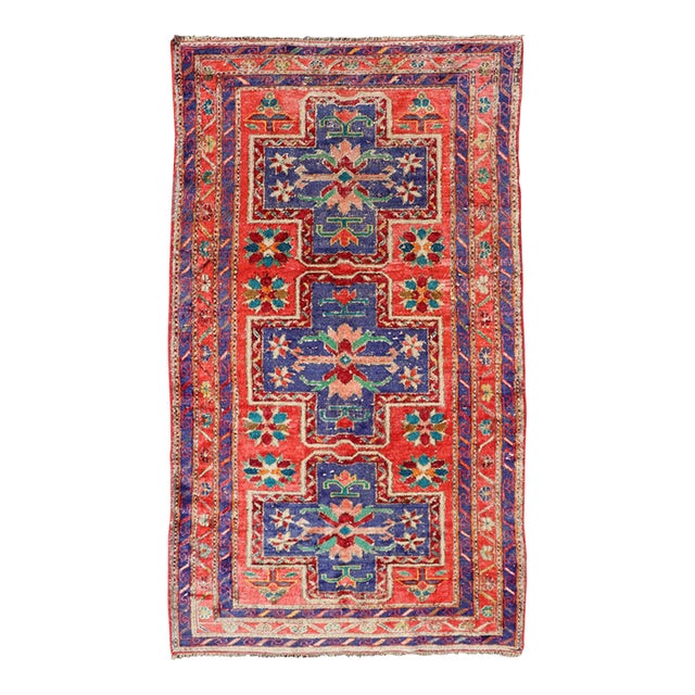 Vintage Caucasian Kazak Rug With Cross Medallions in Red and Blue 4'8 X 8'2 For Sale
