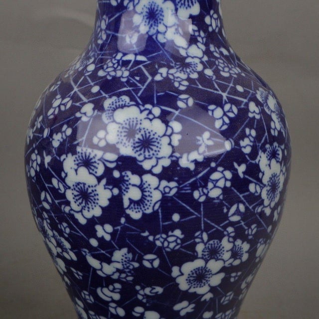 Blue Pair of Vintage Chinese Blue & White "Ice and Plum" Fish Tail Vases For Sale - Image 8 of 9