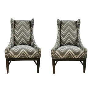 Tom Filicia for Vanguard Gray Chevron James Street Wing Chairs Pair