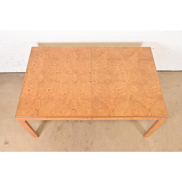 Milo Baughman Style Burl Wood Parsons Extension Dining Table by Henredon, Newly Refinished For Sale - Image 9 of 12