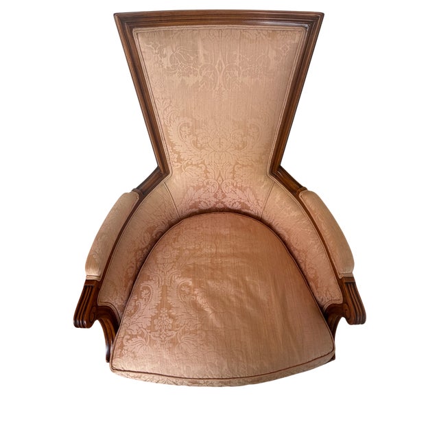 1950's French Bergere Damask Apricot Lounge Chair For Sale - Image 9 of 9