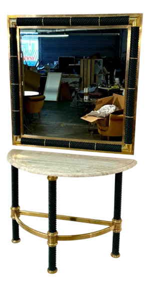 1970s Italian Console With Mirror, Lacquered Dark Green - Set of 2