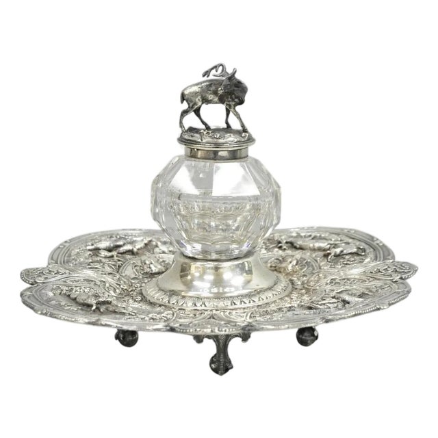 Antique English Victorian Stag Mounted Crystal Glass Inkwell Silver Plated Tray For Sale