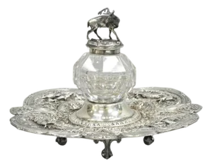 Antique English Victorian Stag Mounted Crystal Glass Inkwell Silver Plated Tray