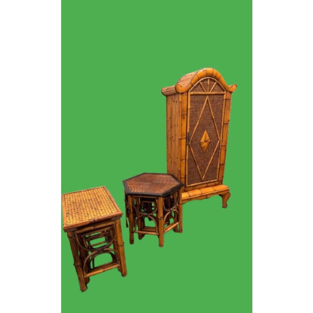 Copper Vintage Chinoiserie Burnt Bamboo, Cane Nesting Tables - Set of 3 For Sale - Image 8 of 9