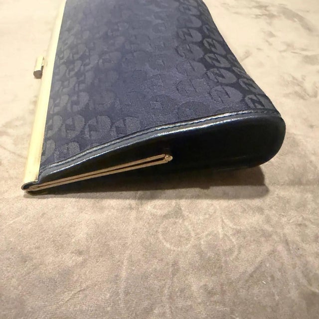 1980s 1980s Blue Fabric and Brass Italian Continuous Logo Clutch by Zenith For Sale - Image 5 of 15