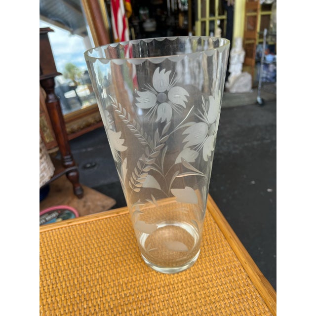Early 20th Century Vintage Depression Glass With Etched Flowers Vase For Sale - Image 5 of 5