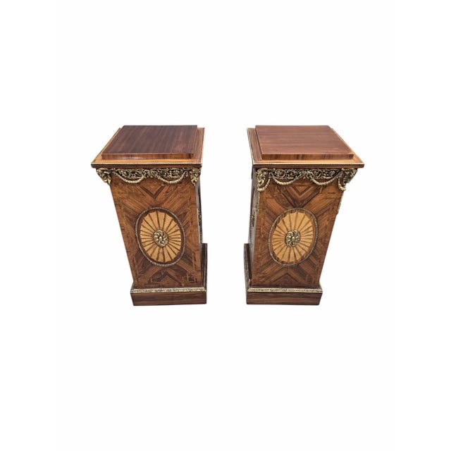 Vintage French Louis XVI Style Parquetry and Ormolu Display Pedestals - Pair For Sale - Image 4 of 10
