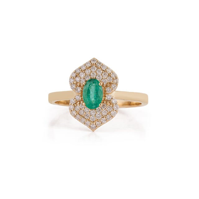 VR Jewels 19th Revival Style Emerald Art Deco Ring With Cluster Diamonds Size 7 in 14k Gold For Sale - Image 4 of 17