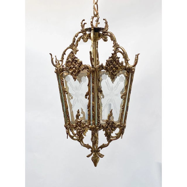 Portuguese Bronze Lantern With Etched Glass Panels. 3 light with candelabra base socket. Each holds 75W each. #283