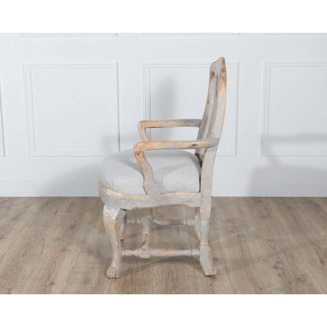 Gray Pair of Swedish Rococo Carved Armchairs with Original Patina For Sale - Image 8 of 16