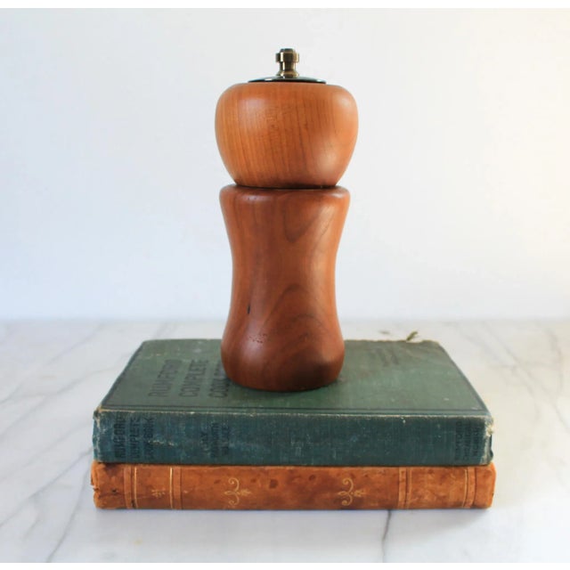 Late 20th Century Vintage Hand Turned Cherrywood Salt Shaker & Pepper Grinder Combo For Sale - Image 5 of 9