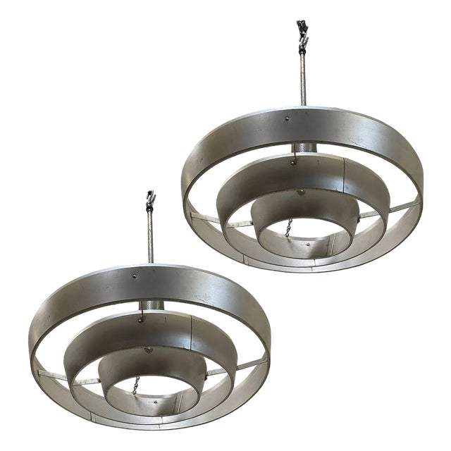 1950s Mid-Century Modern "Saturn" Ceiling Aluminum 19" Pendant by Kurt Versen, Pair For Sale