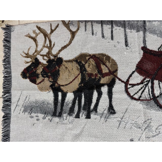 Vintage Winter Reindeer & Sleigh Woven Tapestry Throw With Fringe For Sale - Image 10 of 15