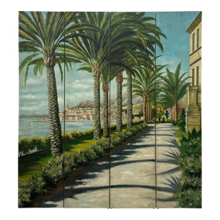 Vintage Coastal Hand-Painted Four-Panel Folding Screen For Sale