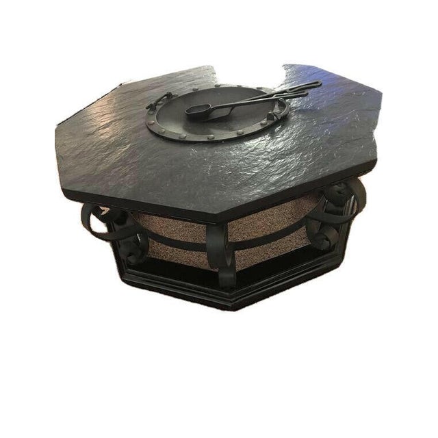 Wood Vintage Mid-Century Octagonal Slate Hibachi Wrought Iron Cocktail/Coffee Table For Sale - Image 7 of 8