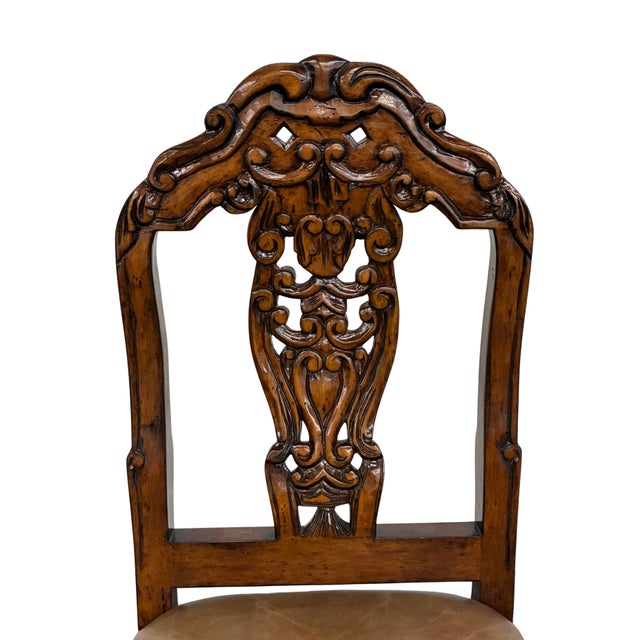 Wood Late 20th Century Dutch Chippendale Style Carved Fruitwood & Leather Dining Chairs — Set of 4 For Sale - Image 7 of 10